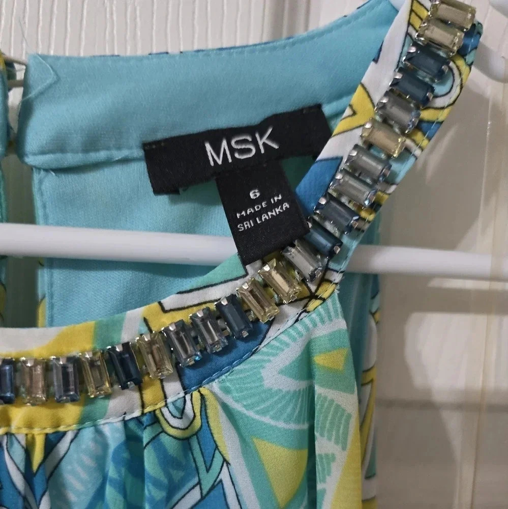 MSK Geometric Print Maxi Dress, Jeweled Halter Neckline, Stretchy Waist, EUC! - Picture 9 of 11